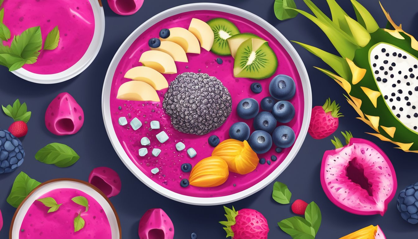 A vibrant dragon fruit smoothie bowl surrounded by unhealthy processed ingredients, such as added sugars and artificial toppings