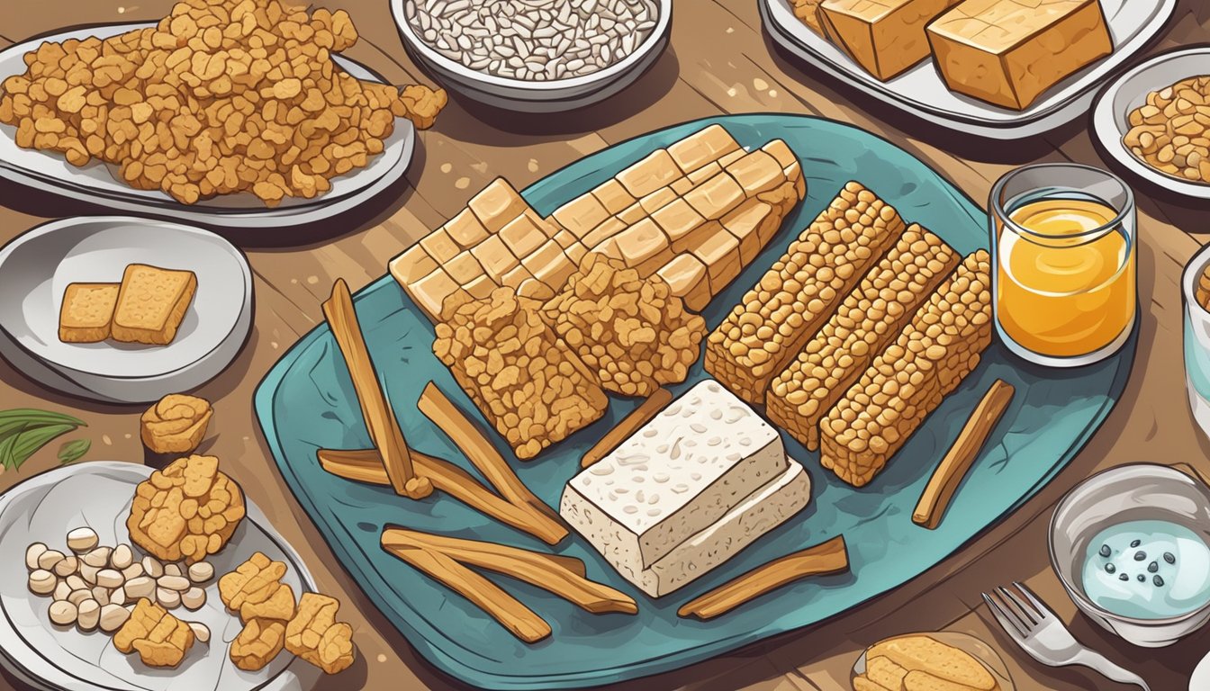 A plate of tempeh surrounded by warning signs and symbols of potential health risks such as stomach pain, nausea, and allergic reactions