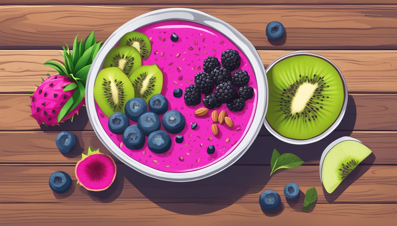 A vibrant dragon fruit smoothie bowl surrounded by fresh fruit, nuts, and seeds, displayed on a rustic wooden table