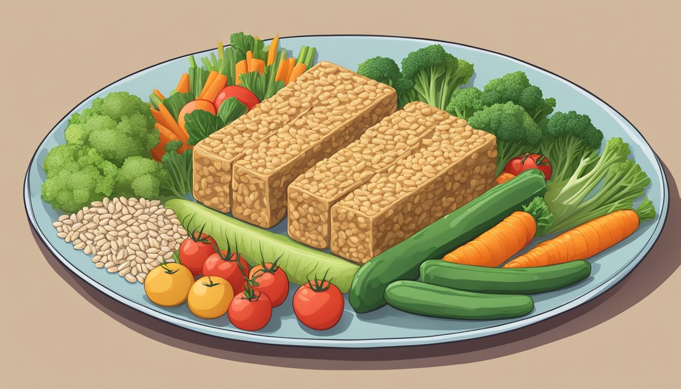 A colorful plate of tempeh surrounded by fresh vegetables and grains, with a nutrition label showing high protein and essential nutrients