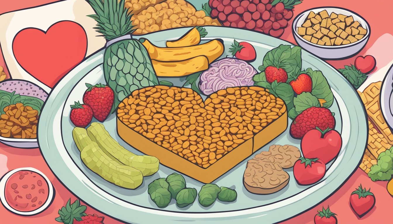 A plate of tempeh surrounded by unhealthy foods, with a red heart in the background, illustrating the negative impact on cardiovascular health