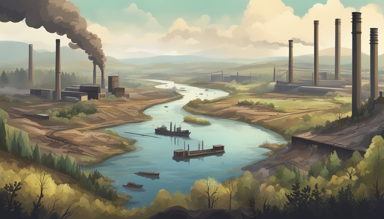 A polluted industrial landscape with smokestacks and waste dumping into a river, surrounded by deforested land and dying wildlife