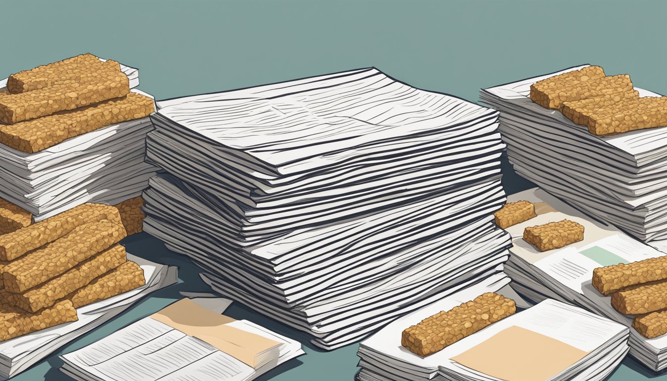 A pile of tempeh sits next to a stack of research papers, with a large gap between them symbolizing the lack of evidence on the health benefits of tempeh