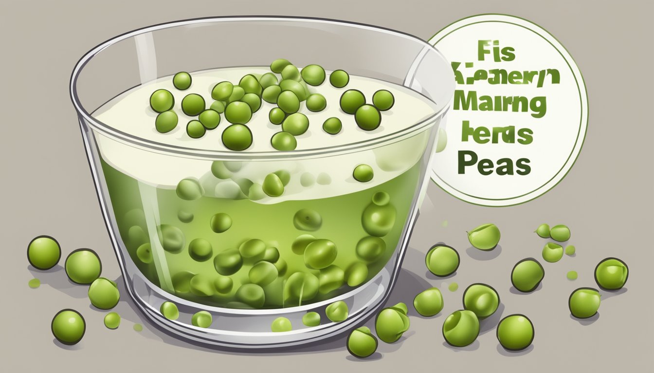 A glass of pea milk surrounded by wilted and discolored peas, with a warning sign symbolizing its unhealthy nature