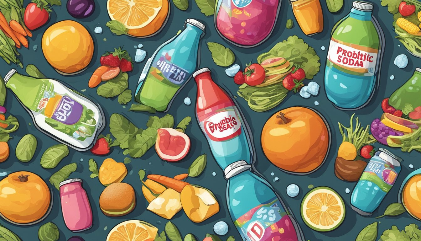 A bottle of probiotic soda sits next to a pile of unhealthy processed foods, while fresh fruits and vegetables are left untouched. The contrast highlights the unhealthy nature of probiotic sodas