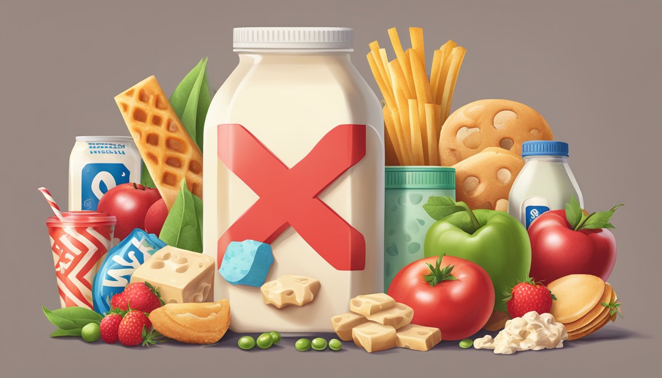 A carton of pea milk surrounded by various unhealthy food items, with a large red "X" over it