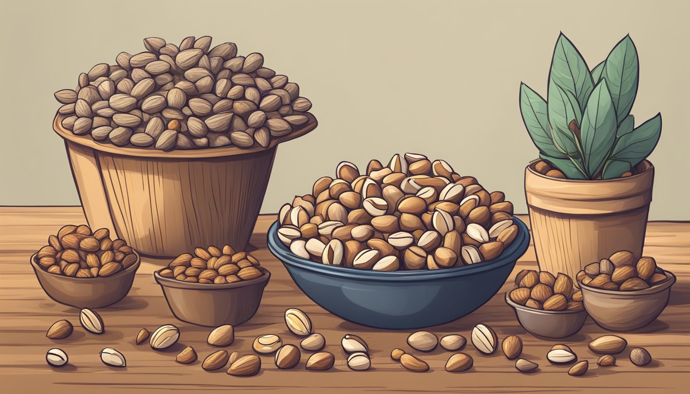 A pile of activated nuts sits next to a wilted plant, while a healthy plant thrives next to a pile of raw nuts