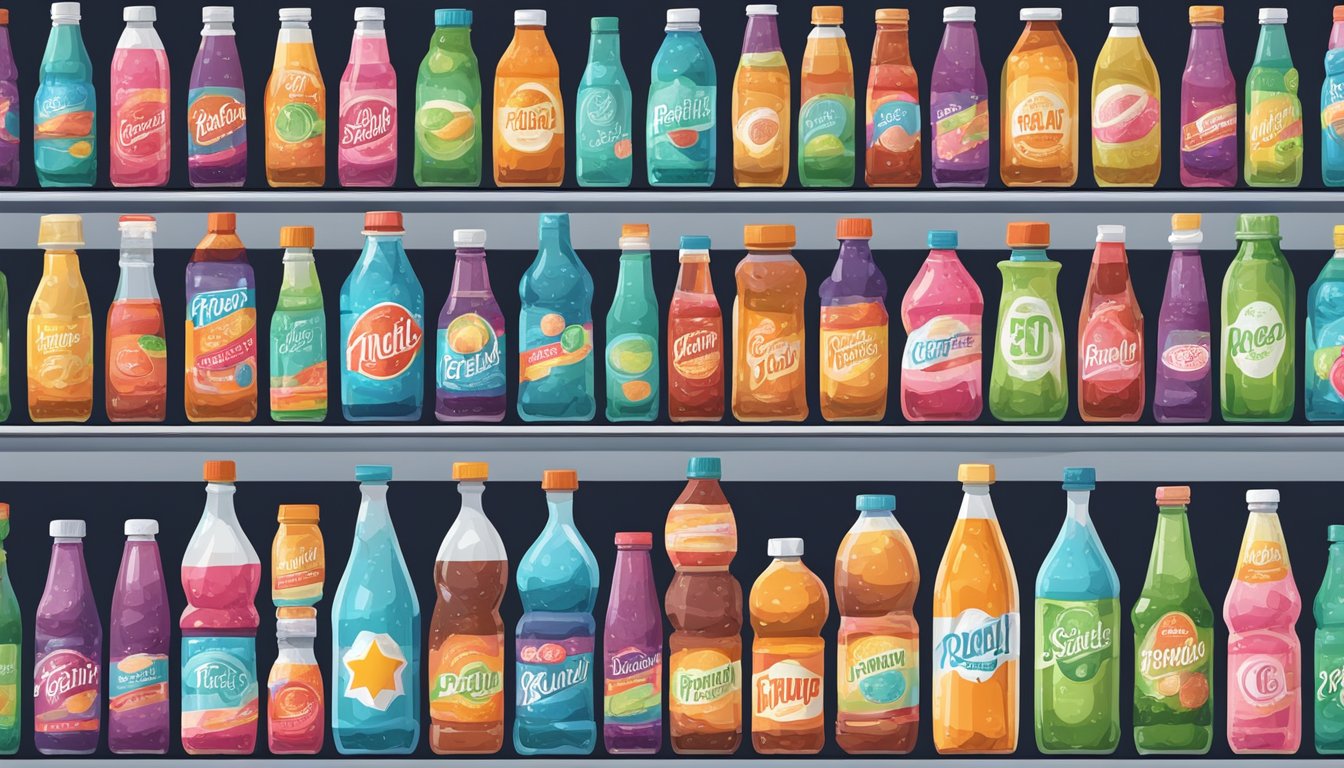 A lineup of colorful soda bottles with "probiotic" labels, surrounded by images of unhealthy ingredients like sugar and artificial flavors