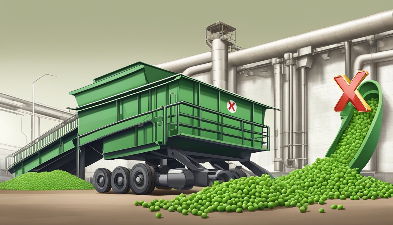 A factory conveyor belt discarding peas while a warning sign with a red X is displayed