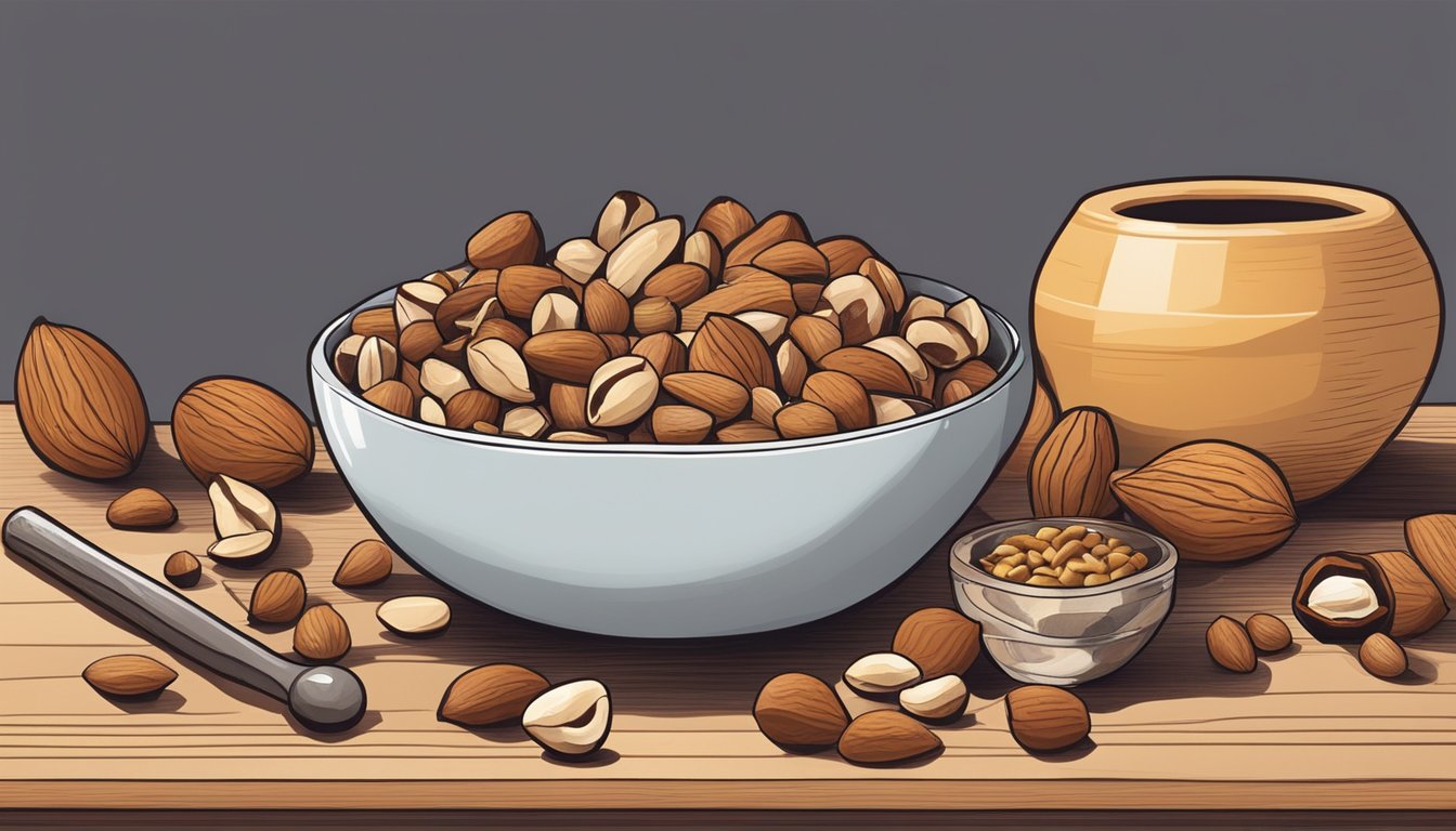 A variety of nuts arranged on a table, some whole and some cracked open, with a small hammer and bowl nearby