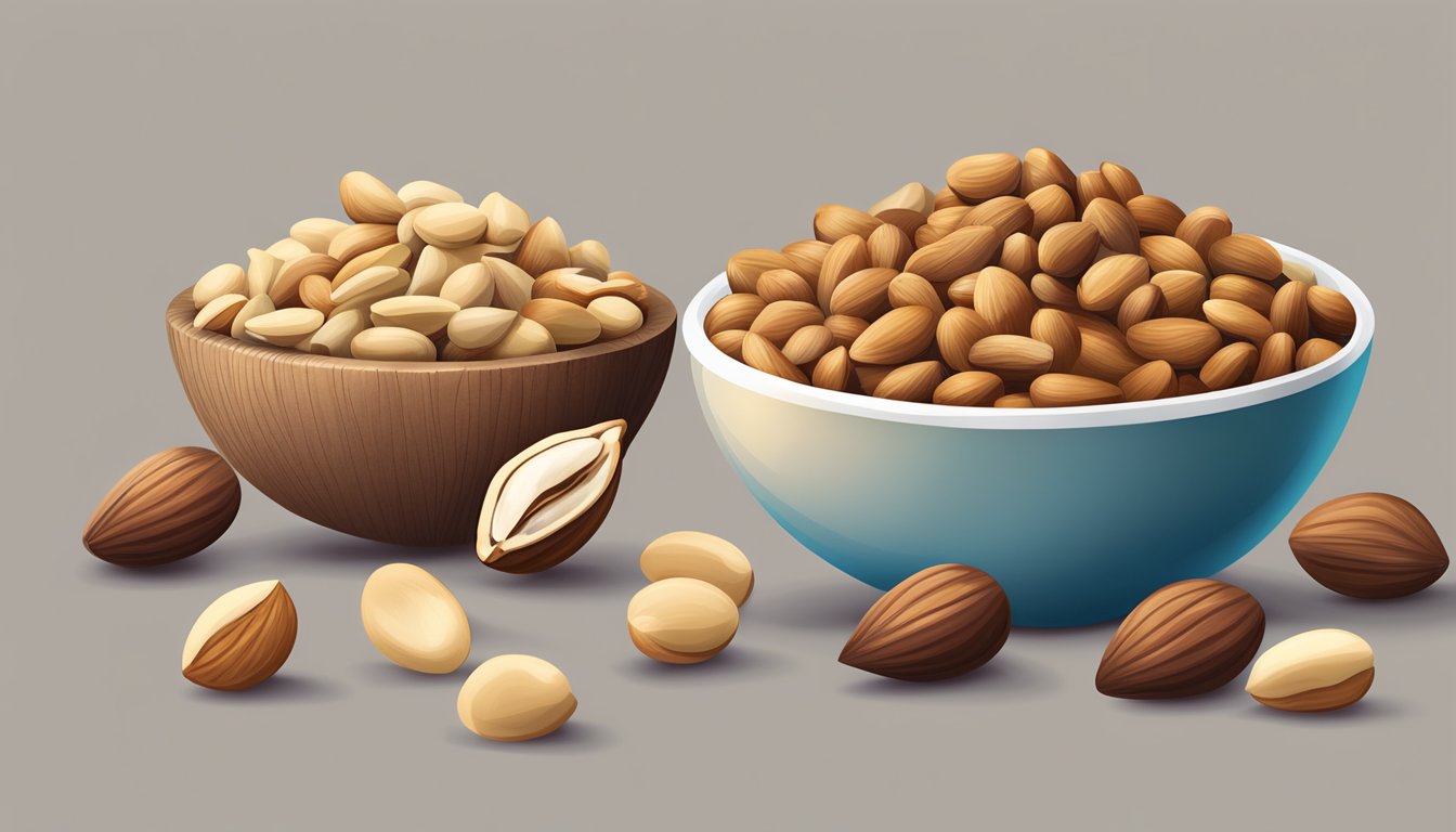 A bowl of raw nuts sits next to a pile of activated nuts. The raw nuts appear dull and lifeless, while the activated nuts are vibrant and full of energy