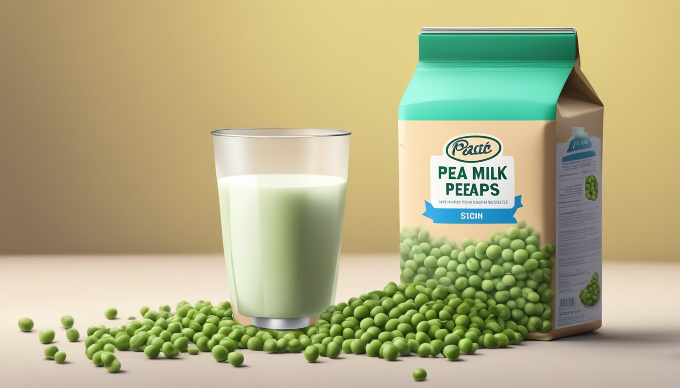 A carton of pea milk surrounded by wilted and discolored peas, with a warning sign next to it