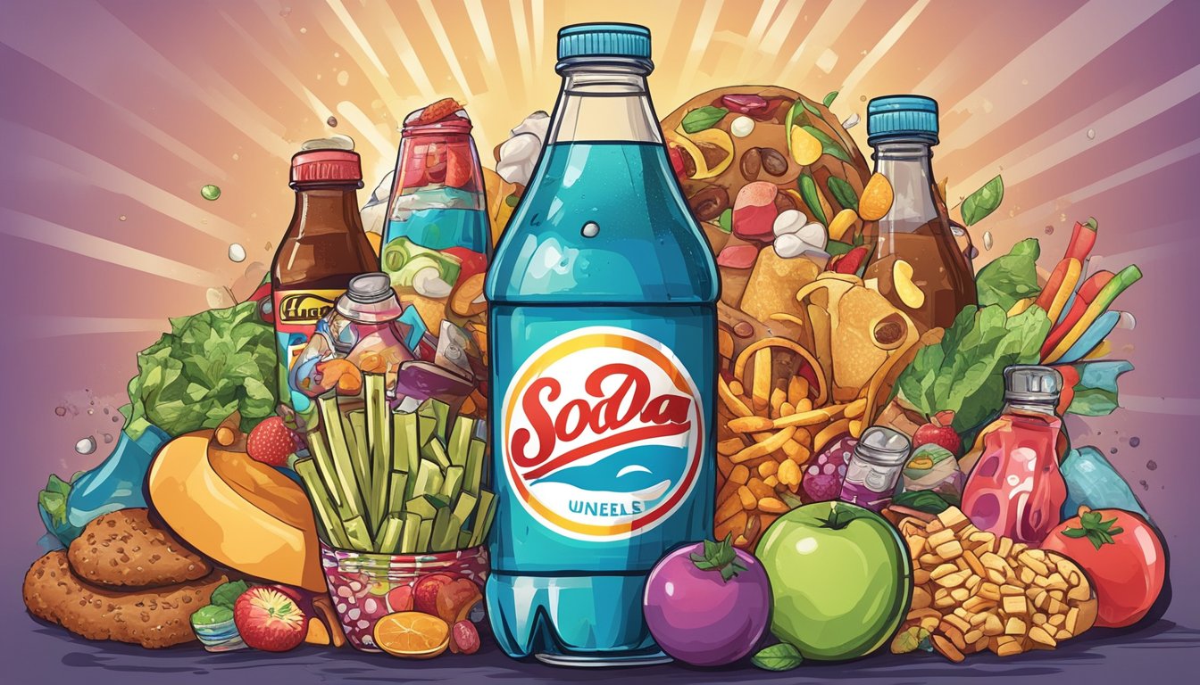 A colorful illustration of a soda bottle surrounded by a variety of unhealthy foods, with a distressed stomach in the background