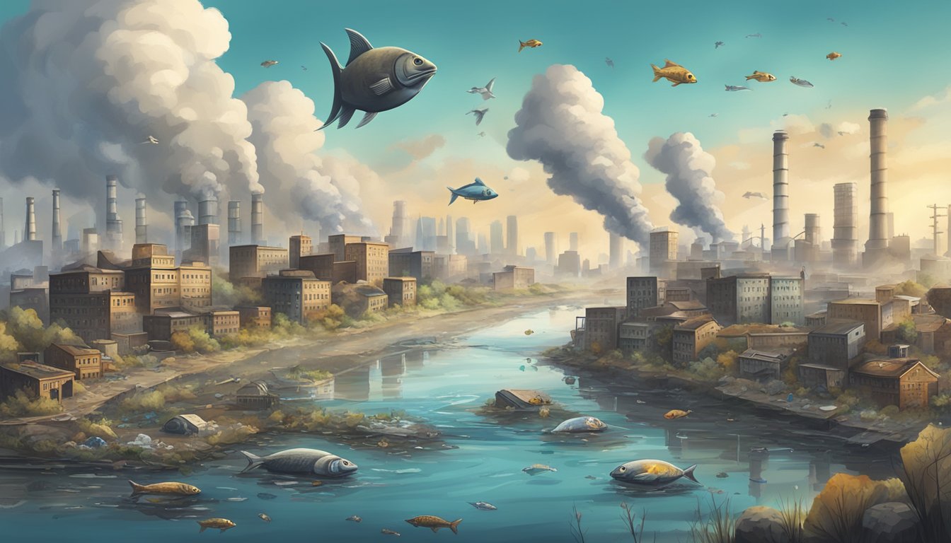 A polluted city skyline with factories emitting smoke, while plastic waste litters a polluted river, and dead fish float on the surface