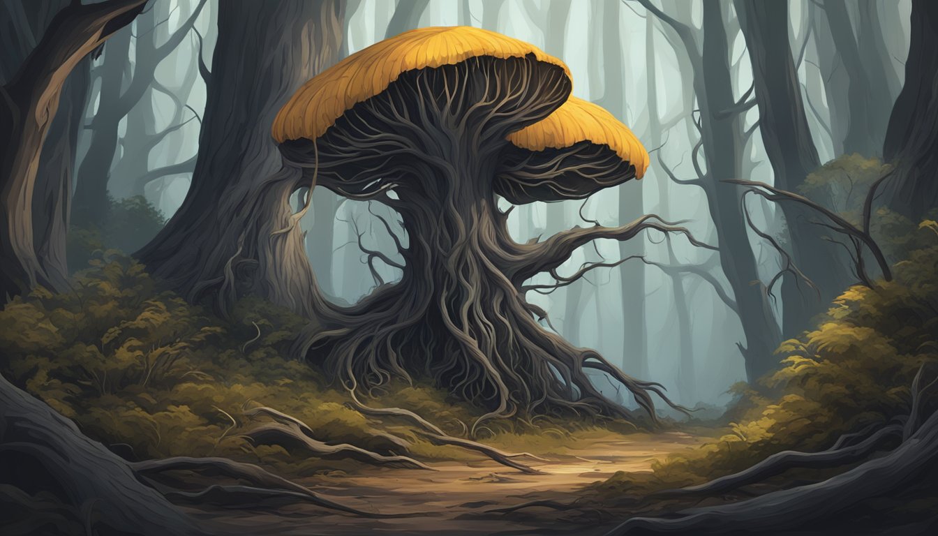 A dark, ominous forest with twisted, decaying trees. A single cordyceps mushroom grows from the rotting wood, casting a sinister shadow