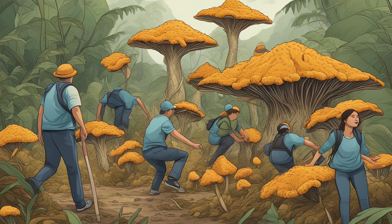 A group of people avoiding a pile of cordyceps mushrooms, with warning signs nearby