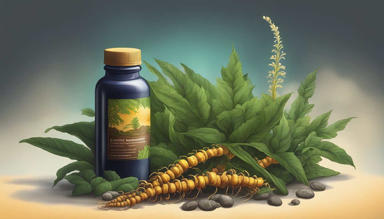 A dark, ominous cloud looms over a bottle of cordyceps mushroom supplements, casting a shadow on the surrounding vibrant and healthy herbs and supplements