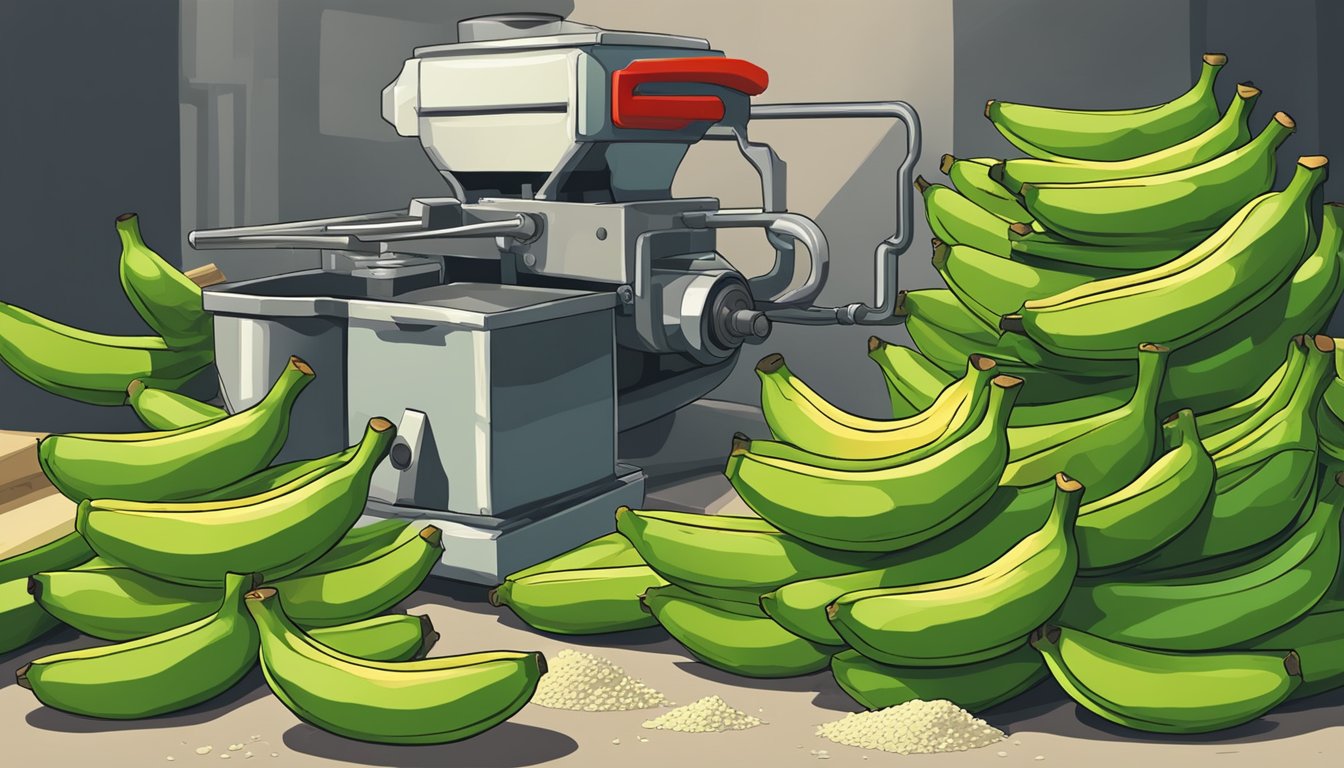 A pile of green bananas next to a machine processing them into flour, with a red "X" over the flour to symbolize its unhealthy nature