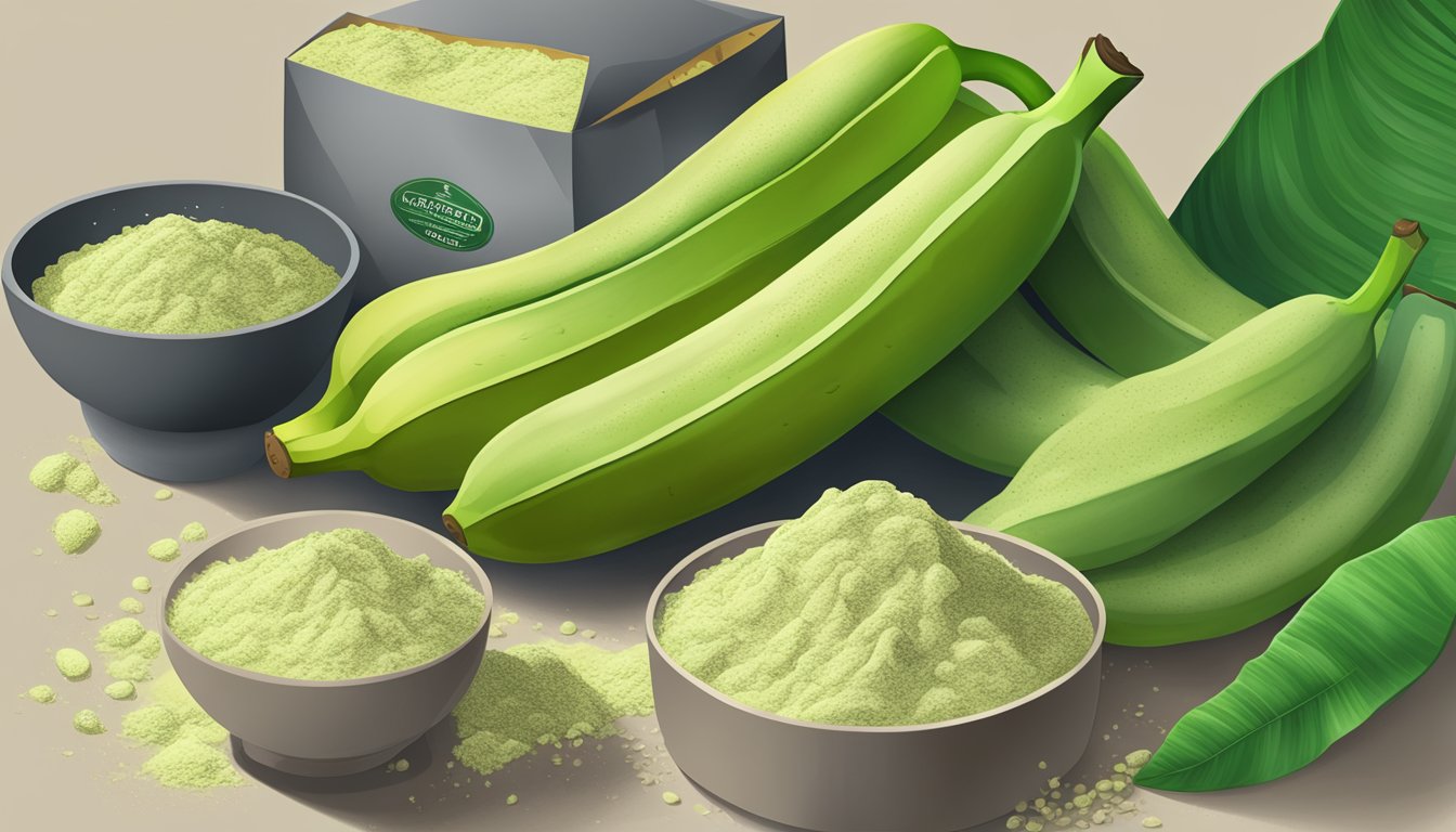 A pile of green bananas with mold growing on them, next to a bag of green banana flour labeled with a warning symbol