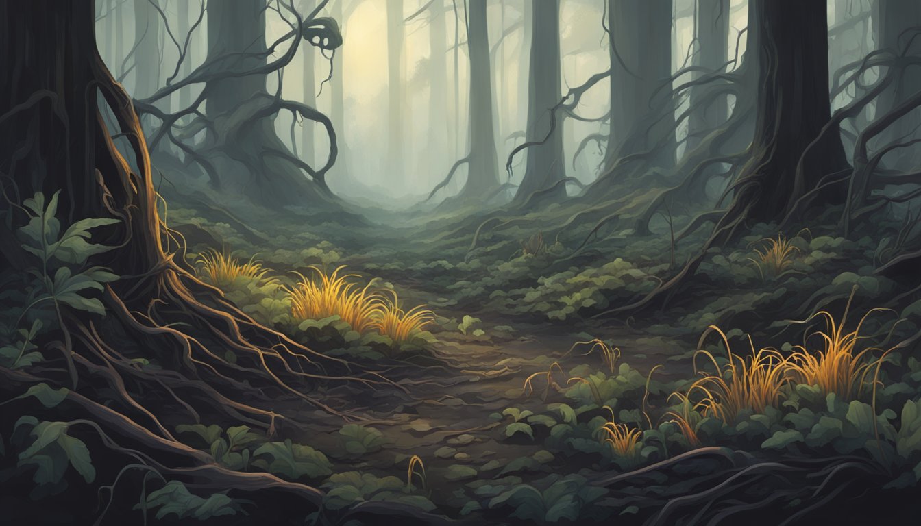 A dark, ominous forest floor with decaying vegetation and scattered cordyceps mushrooms sprouting from the ground. Sinister tendrils reach out from the fungi, giving an eerie and unhealthy vibe