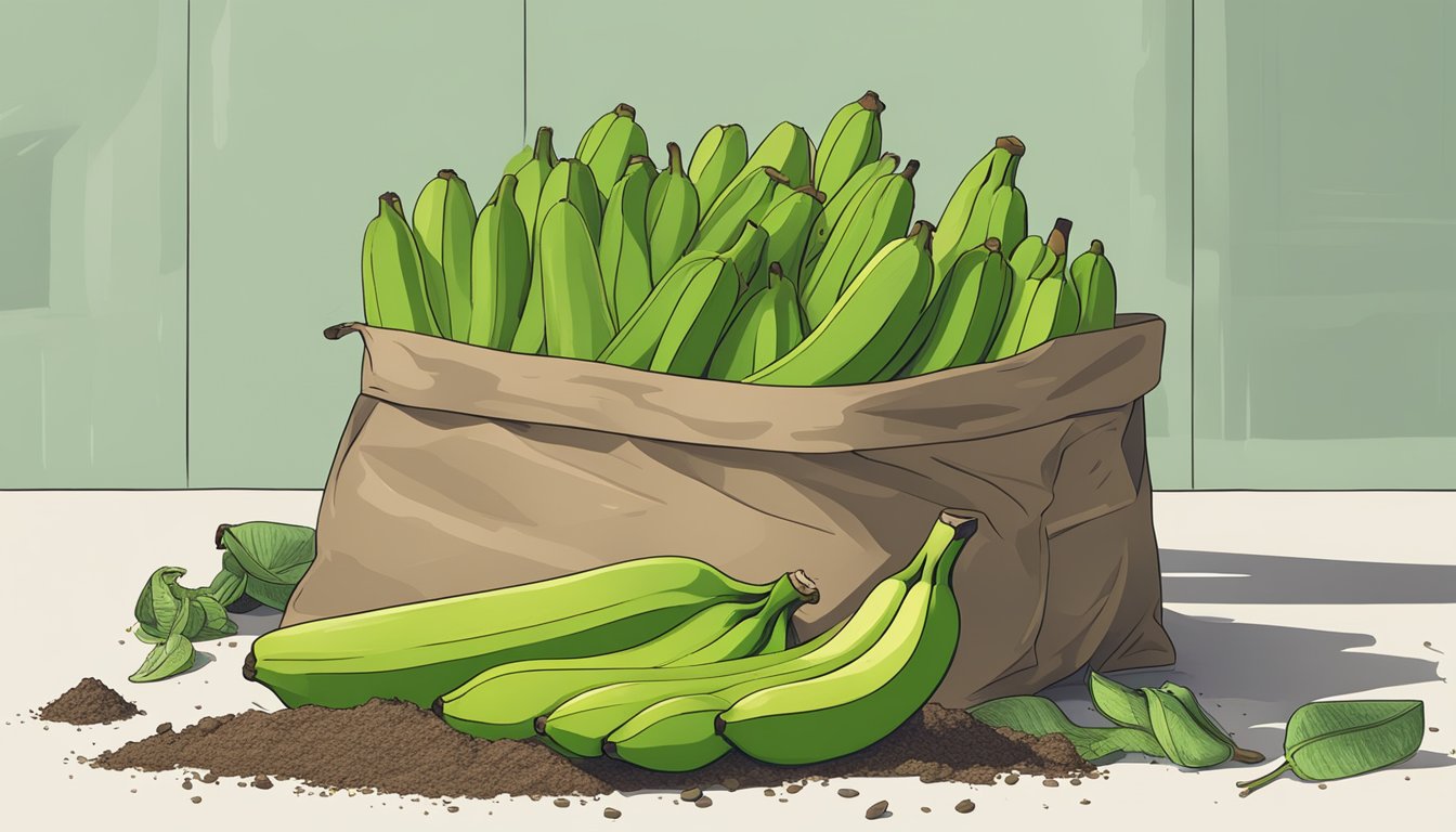 A pile of green bananas surrounded by rotting fruit, while a bag of green banana flour sits untouched and forgotten on the shelf