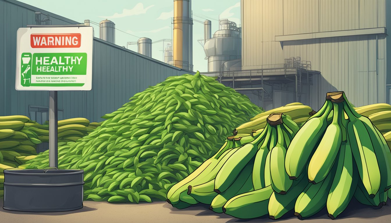 A pile of green bananas next to a factory with a "Not Healthy" warning sign