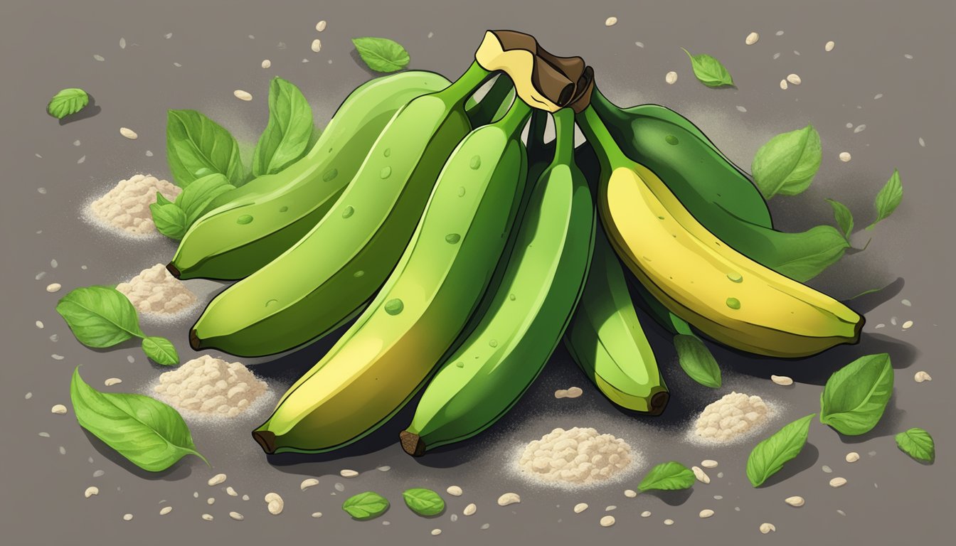 A pile of green bananas rotting on the ground, surrounded by flies and mold. A bag of green banana flour sits untouched next to it