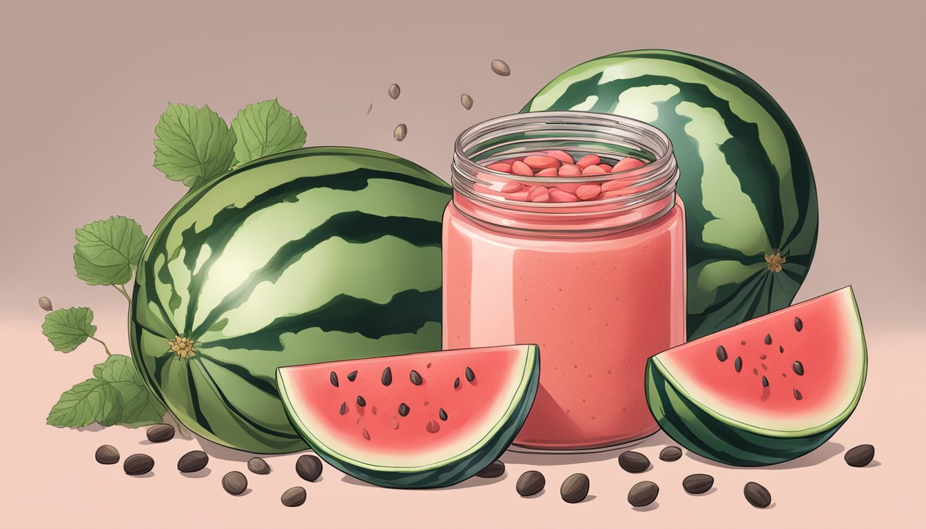 A jar of watermelon seed butter surrounded by discarded watermelon seeds and wilted watermelon vines