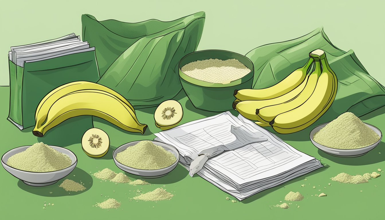 A pile of green bananas with a few already peeled, next to a bag of green banana flour, surrounded by various research papers and studies