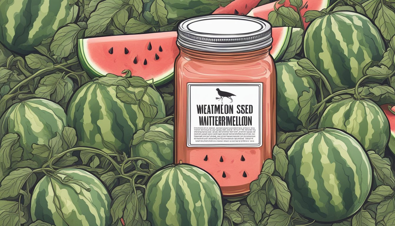 A jar of watermelon seed butter surrounded by wilted watermelon vines and a warning sign