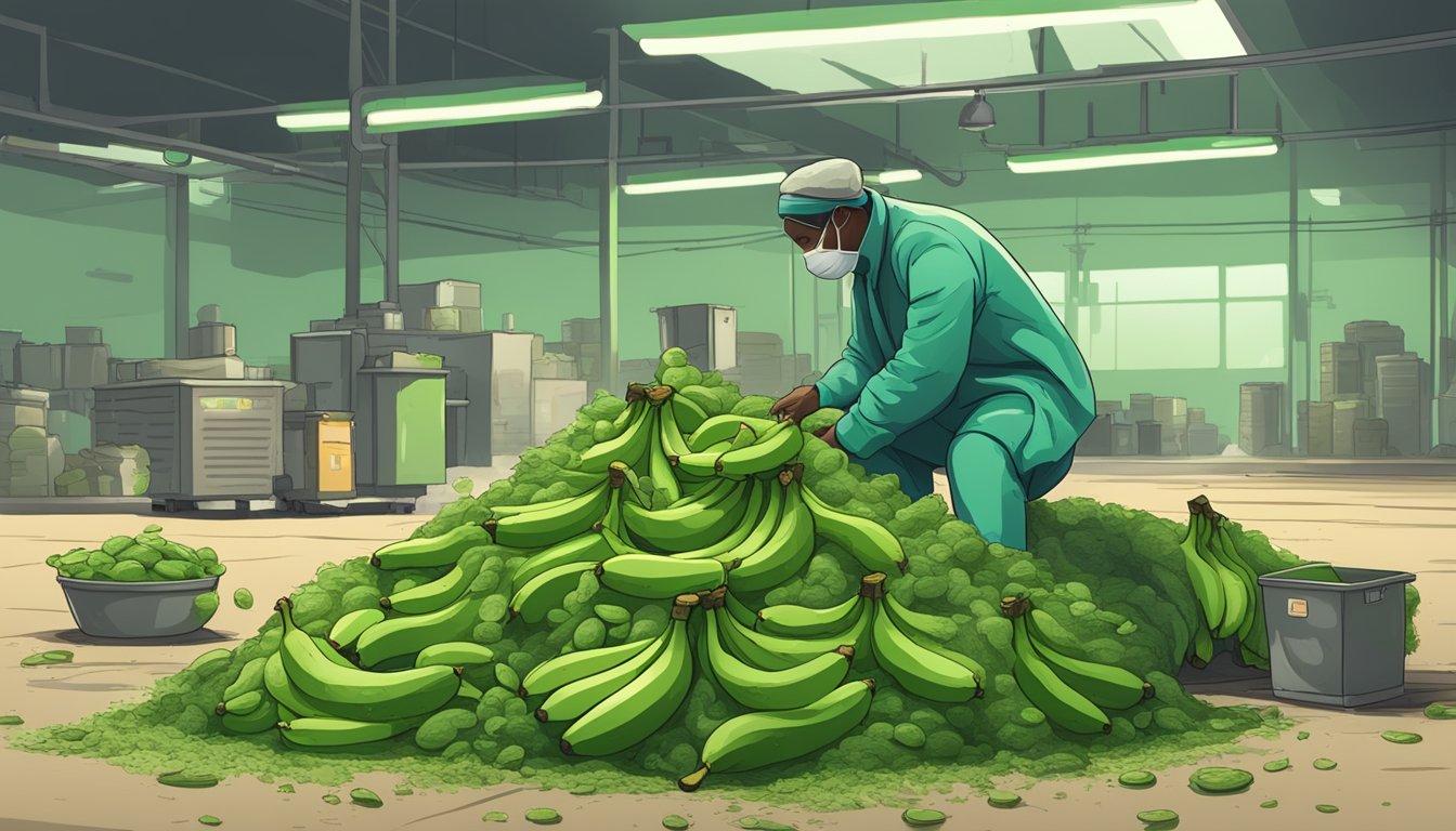 A pile of green bananas with moldy spots, a factory emitting pollution, and a person feeling unwell after consuming green banana flour