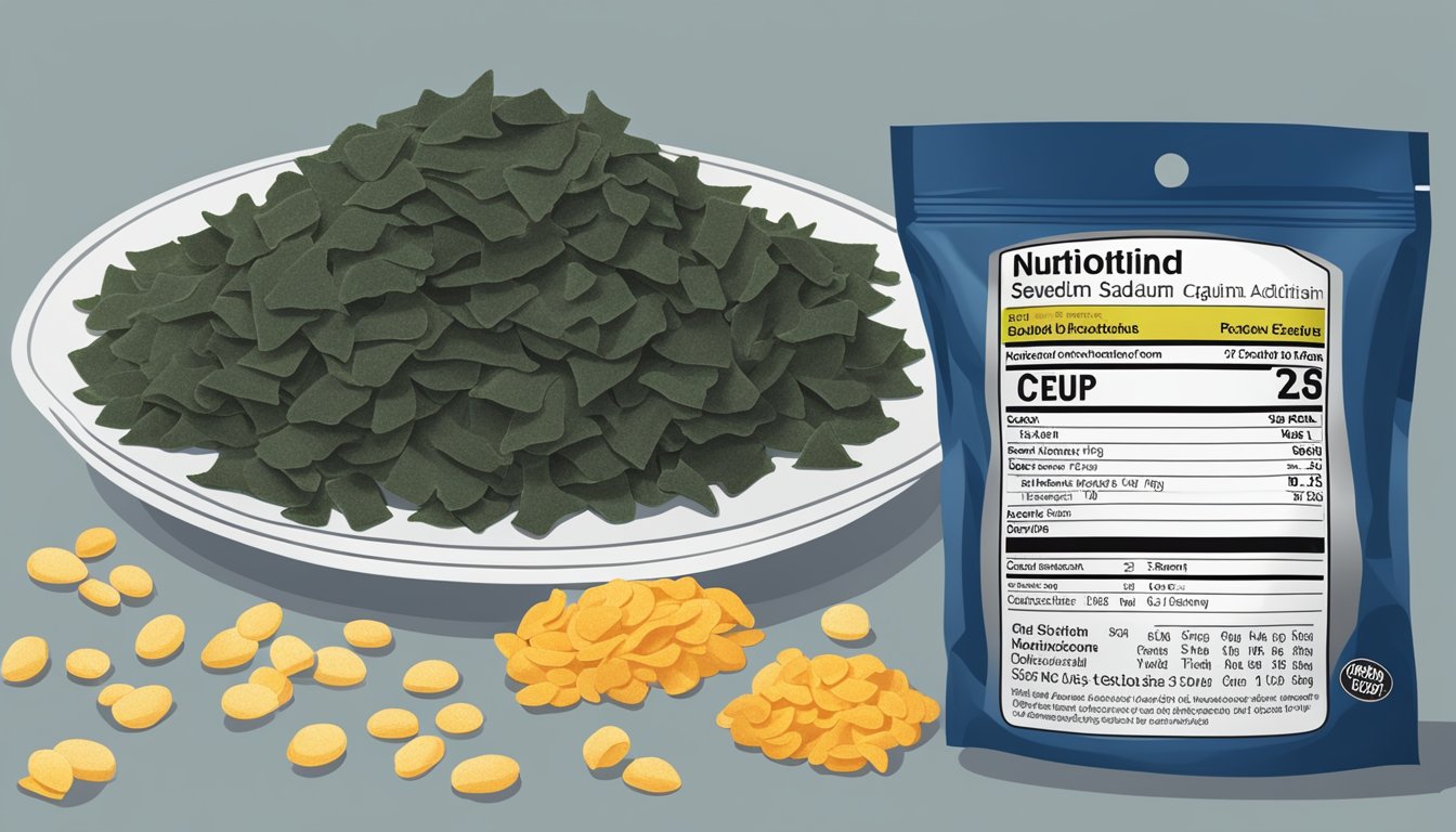 A pile of dried seaweed snacks next to a nutrition label showing high sodium and additives