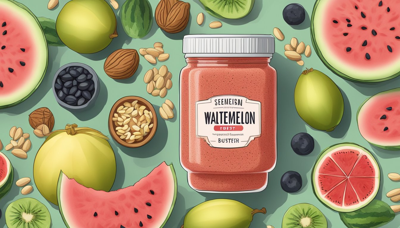 A jar of watermelon seed butter surrounded by various fruits and nuts, with a red "X" over the watermelon seed butter