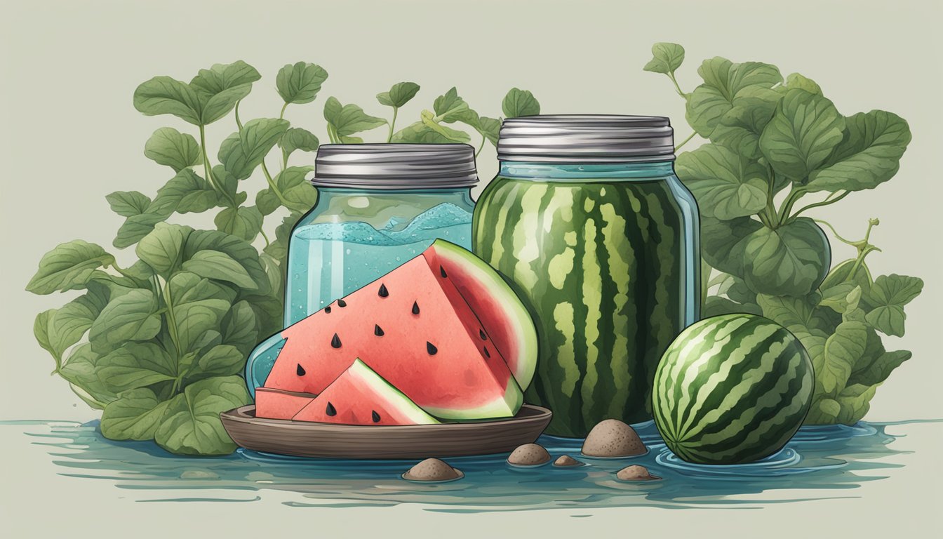 A watermelon seed butter jar surrounded by wilted watermelon plants and a polluted water source