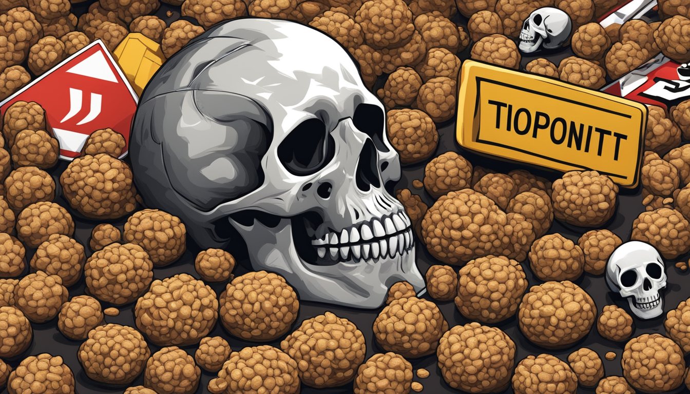 A pile of tigernuts surrounded by warning signs and symbols of poor health, such as a red stop sign and a skull and crossbones