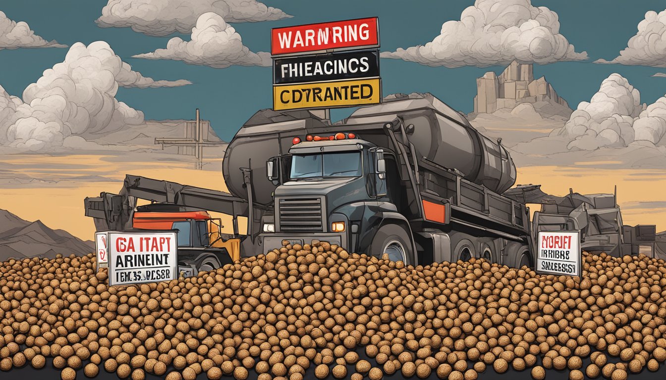 A pile of tigernuts surrounded by warning signs and crossed out with a red "X", with a dark cloud looming overhead