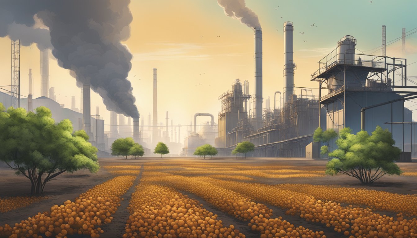 A field of tigernut plants with wilted leaves and dry soil, surrounded by industrial factories emitting pollution into the air