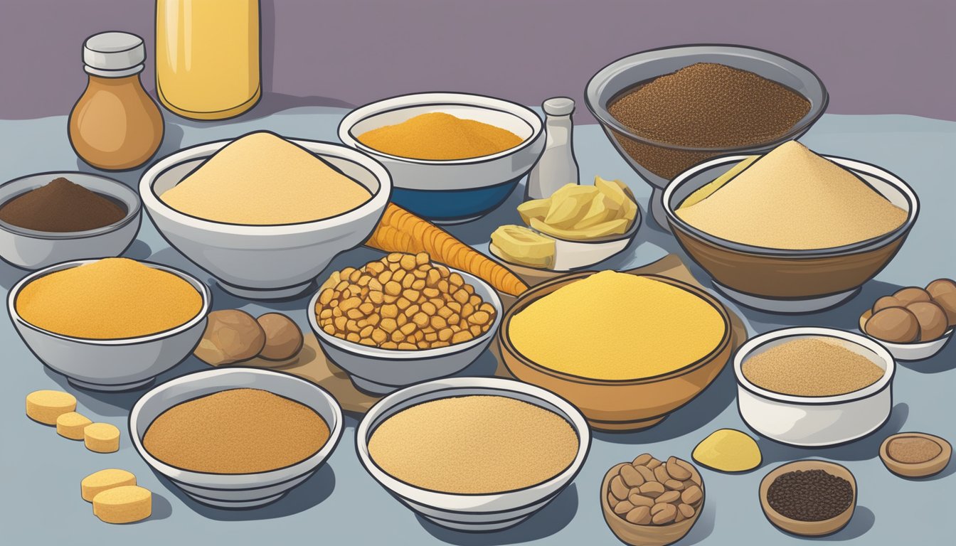 A bowl of lucuma powder sits next to a variety of unhealthy processed foods, highlighting its lack of nutritional value