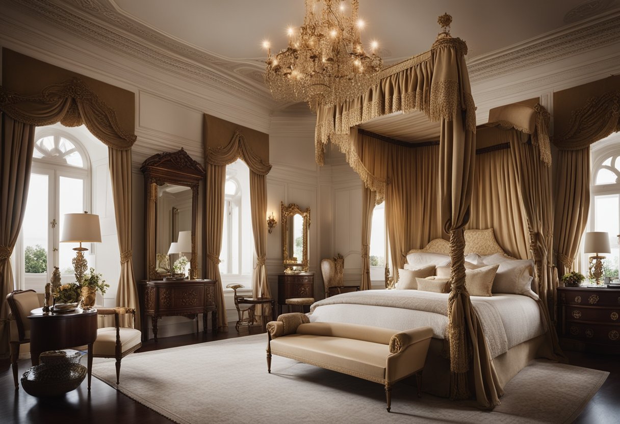 A luxurious bedroom with ornate furniture, rich fabrics, and antique decor. A grand four-poster bed sits in the center, surrounded by opulent details and elegant accessories