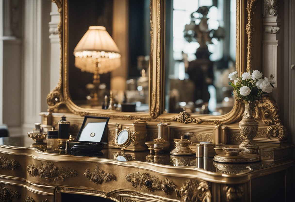 A grand Victorian vanity dresser in a luxurious old money bedroom, adorned with ornate details and surrounded by opulent decor