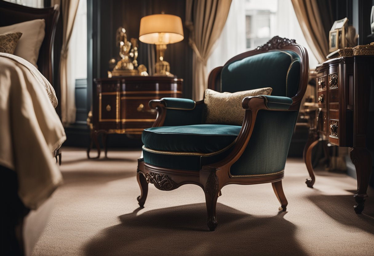 An elegant Edwardian armchair in a luxurious bedroom with rich, opulent decor and old money vibes