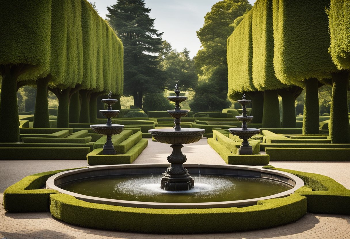 A grand estate garden with ornate fountains, manicured hedges, topiaries, and a winding cobblestone path. Tall, ancient trees provide shade and a sense of history