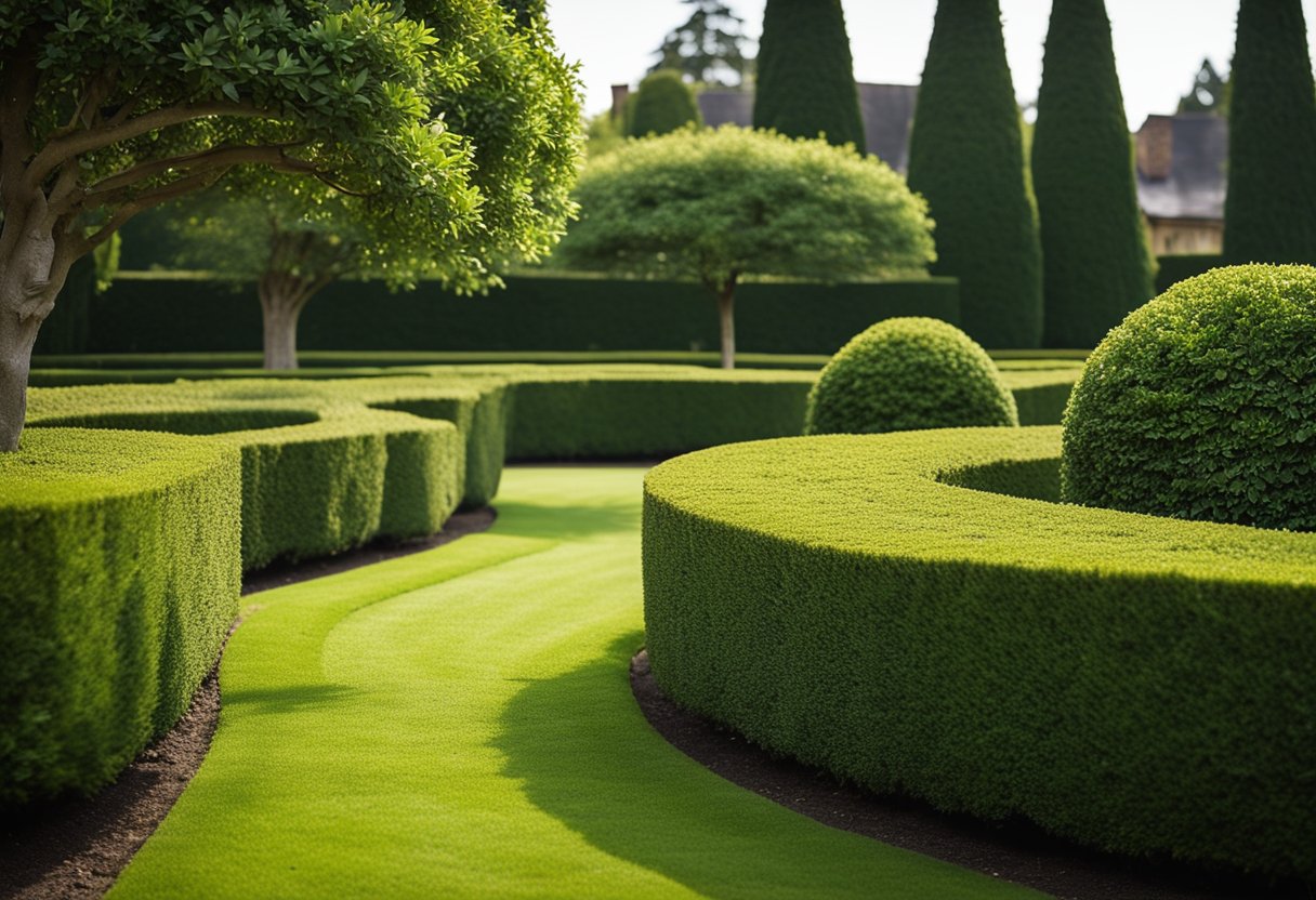 Well-maintained boxwood hedges in a formal garden setting, with neatly clipped edges and geometric shapes