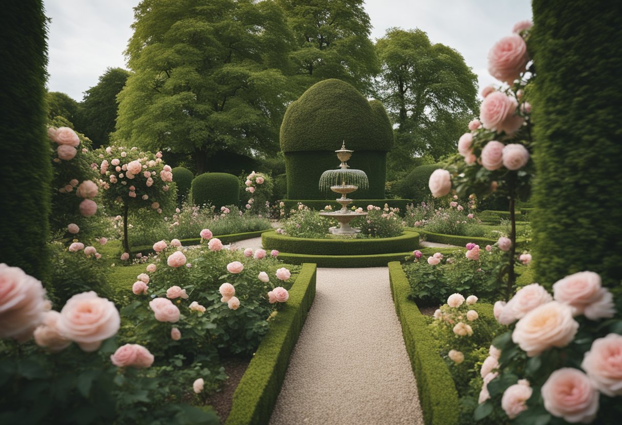 A lush garden filled with various antique rose varieties, surrounded by elegant and ornate features, exuding a sense of old-fashioned luxury and sophistication