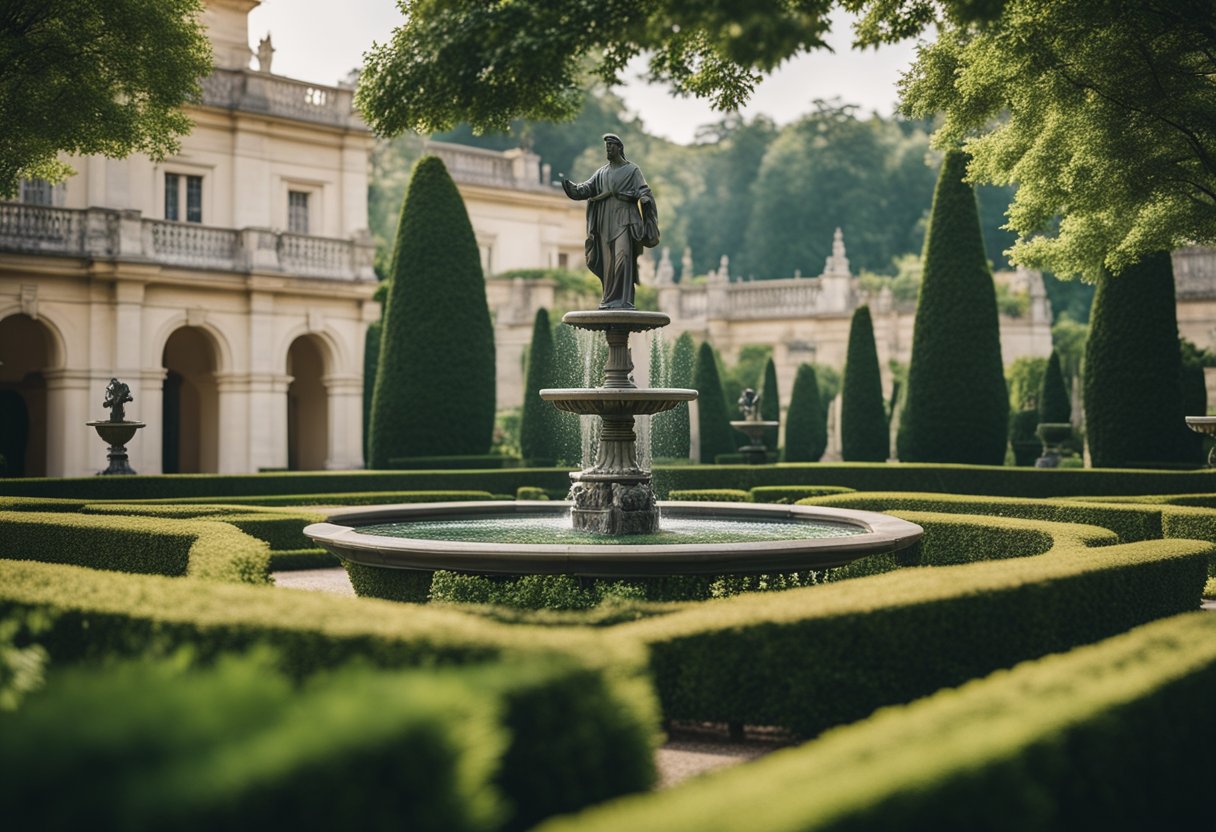 A lush garden with classical statues, ornate fountains, and manicured hedges