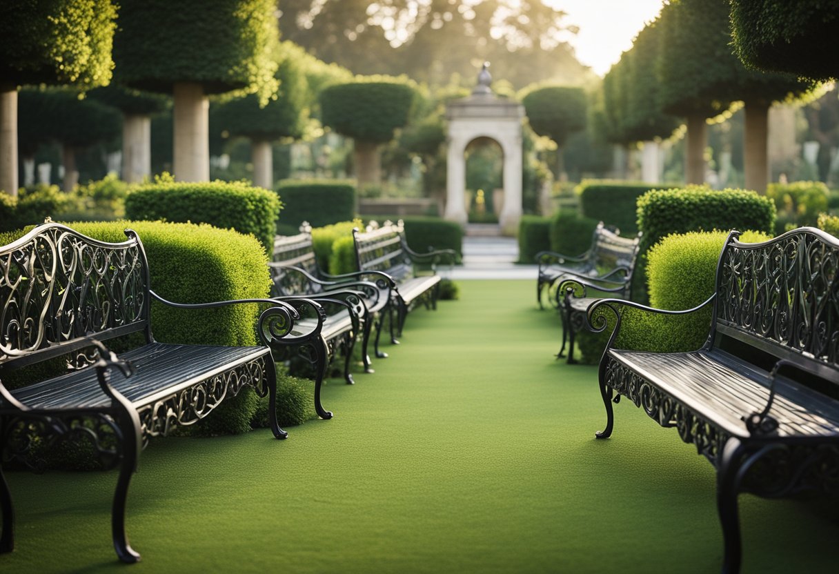 Wrought iron benches surrounded by lush, manicured gardens with classical elements