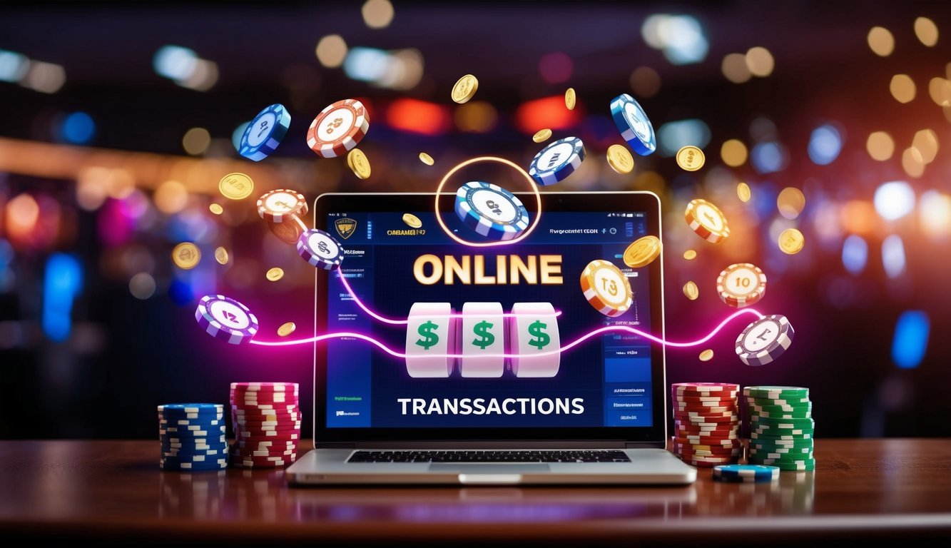 Sebuah scene kasino online yang hidup dengan perangkat digital dan transaksi deposit yang berdenyut.