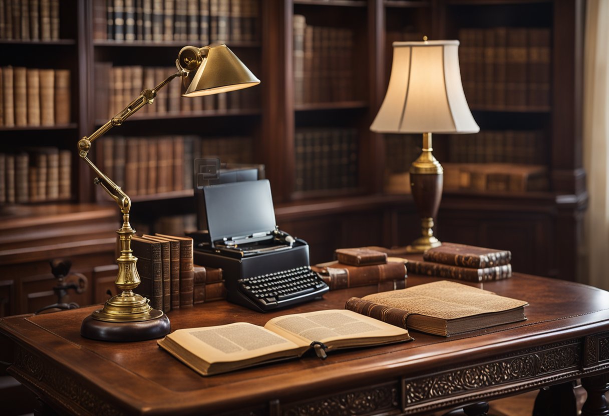 A traditional home office with antique wooden furniture, a leather chair, vintage books, a brass desk lamp, and a Persian rug