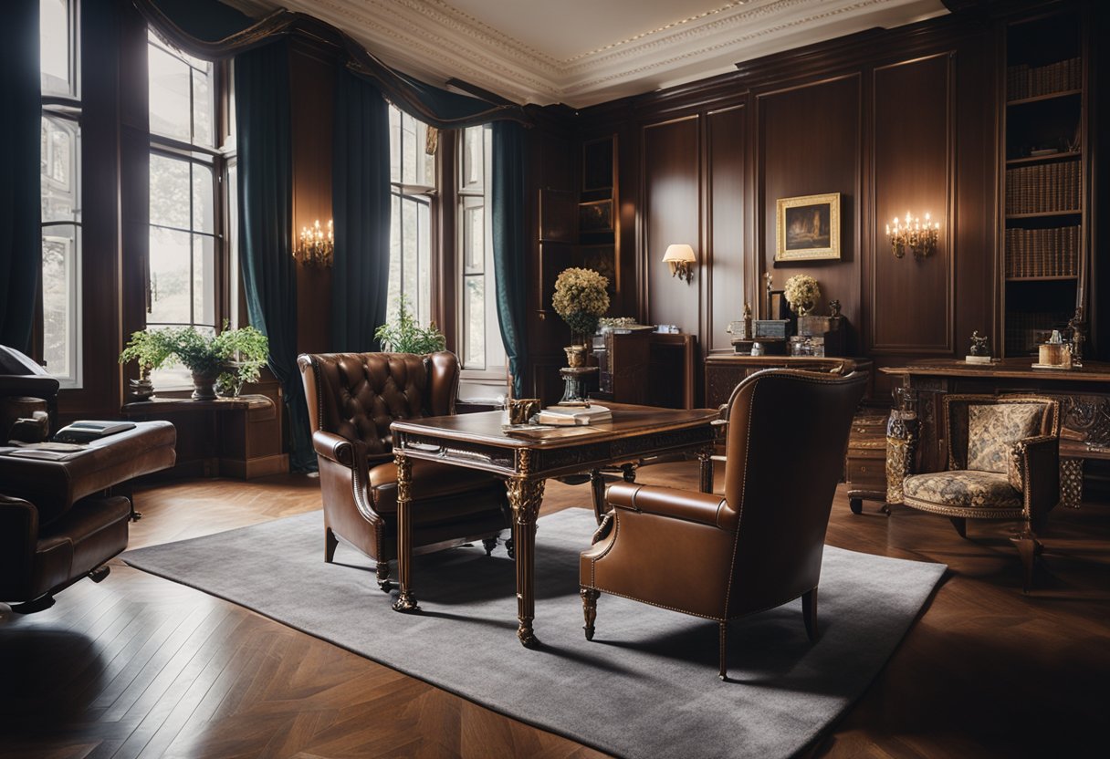 A luxurious Chippendale leather armchair sits in an opulent home office, surrounded by rich, traditional decor