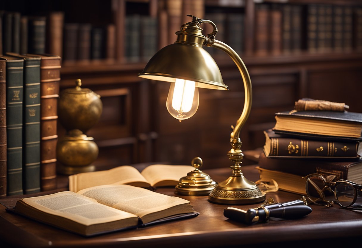 A Victorian brass desk lamp illuminates a cluttered office desk, surrounded by vintage books, a quill pen, and a leather-bound journal